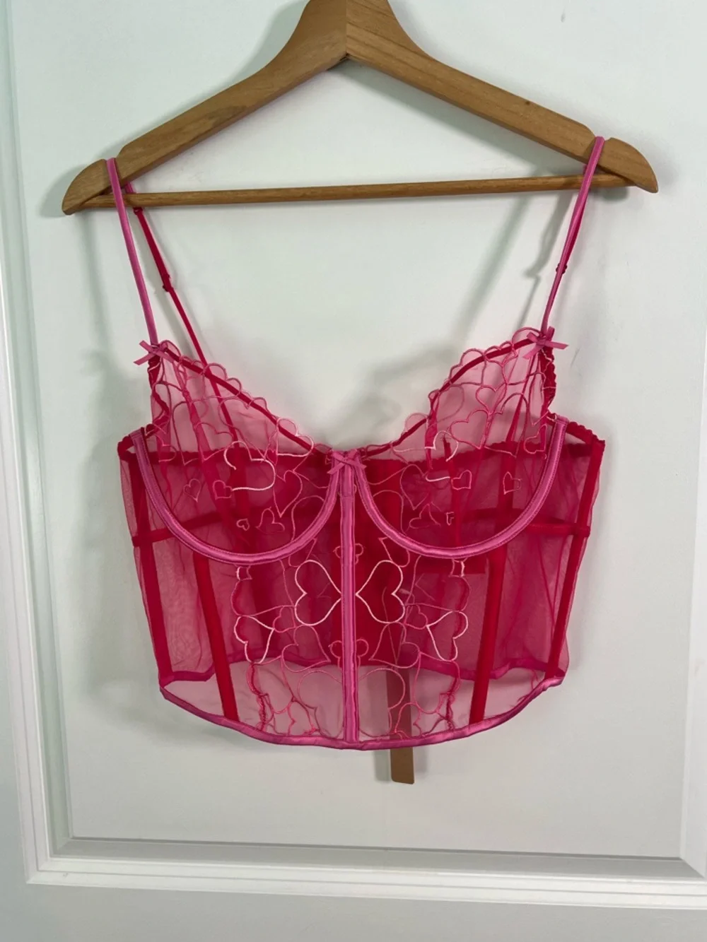 NWT SKIMS Embroidered Tulle Hearts Corset Top Size Large Pink Punch - Picture 2 of 4